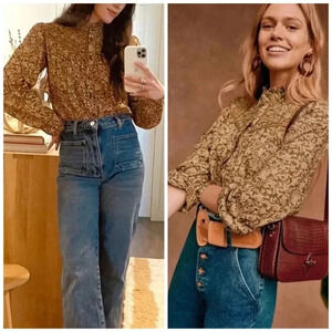 Sezane Martine Blouse RARE Ochre Floral Print Top Size 36 US Size 2 HTF